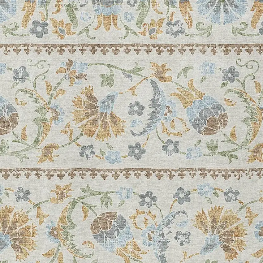 Ivory And Beige Floral Washable Indoor Outdoor Area Rug Photo 2