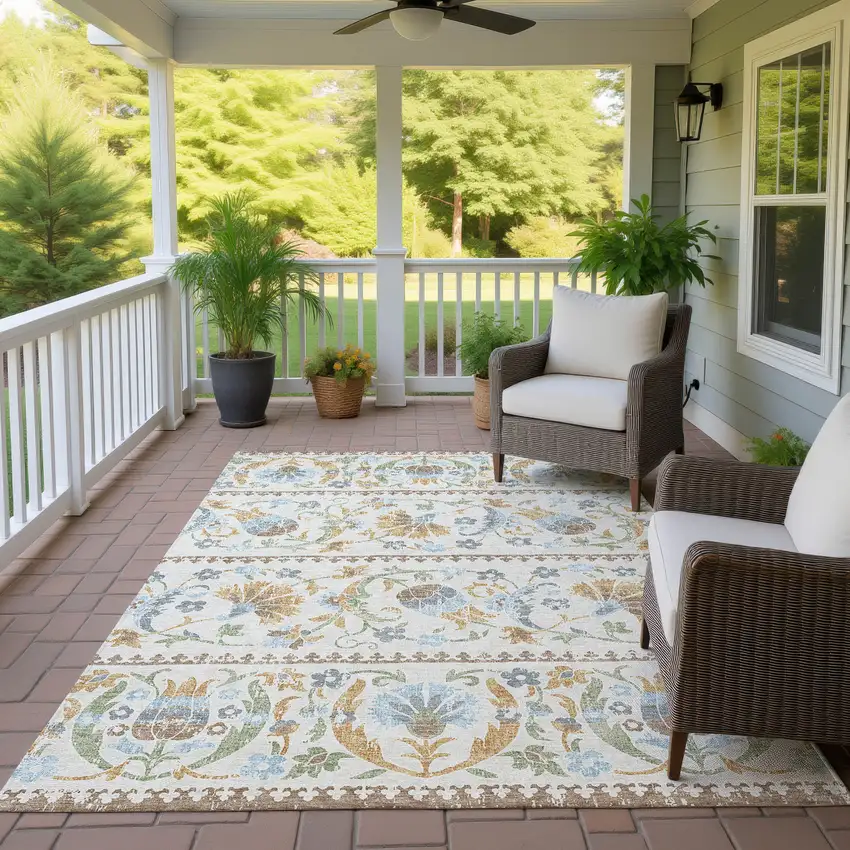 Ivory And Beige Floral Washable Indoor Outdoor Area Rug Photo 4