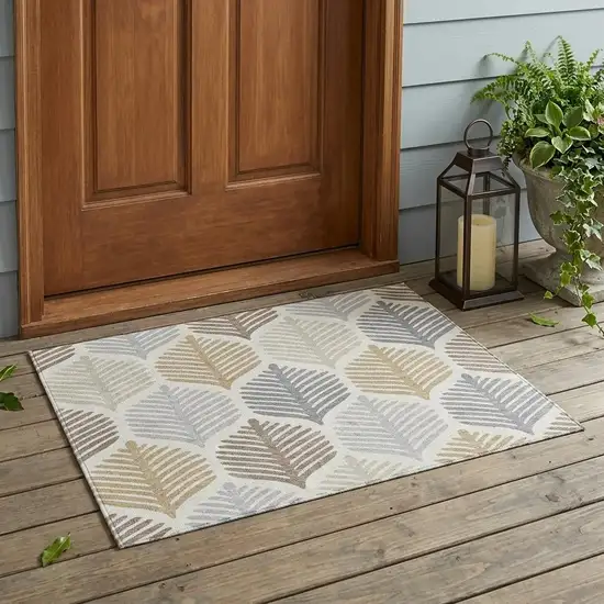 Ivory And Beige Floral Washable Indoor Outdoor Area Rug Photo 1
