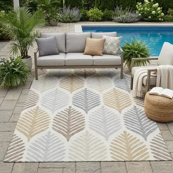 Ivory And Beige Floral Washable Indoor Outdoor Area Rug Photo 1