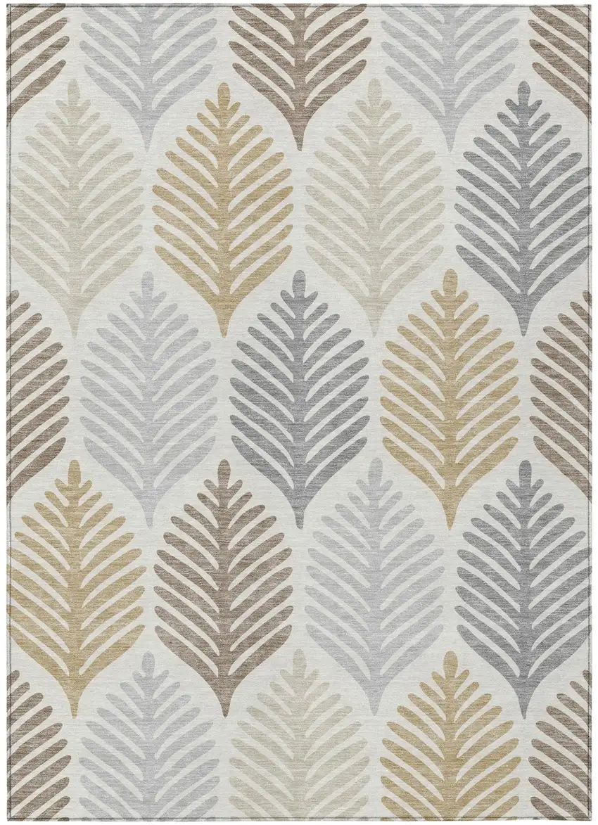 Ivory And Beige Floral Washable Indoor Outdoor Area Rug Photo 2