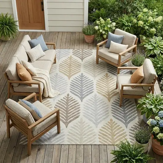 Ivory And Beige Floral Washable Indoor Outdoor Area Rug Photo 1