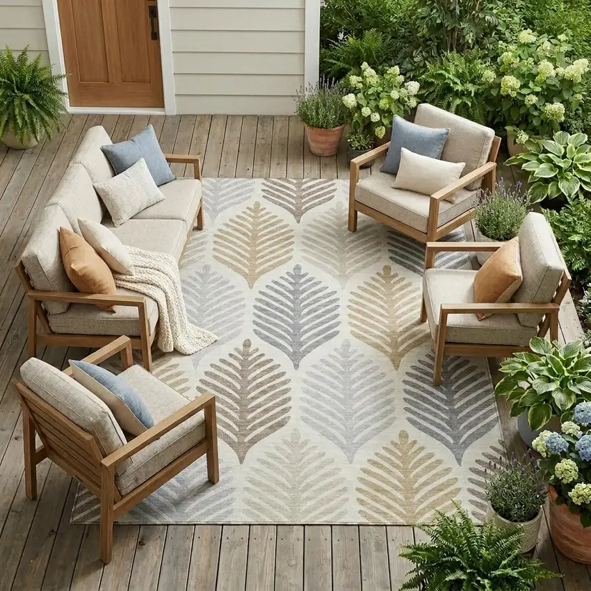 Ivory And Beige Floral Washable Indoor Outdoor Area Rug Photo 1