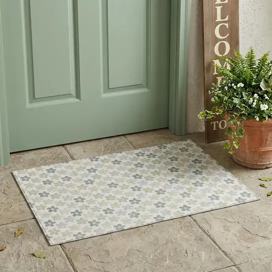 Ivory And Beige Floral Washable Indoor Outdoor Area Rug Photo 1