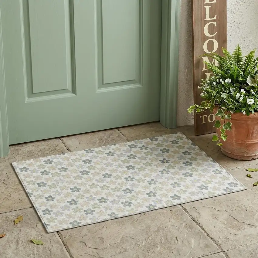 Ivory And Beige Floral Washable Indoor Outdoor Area Rug Photo 1