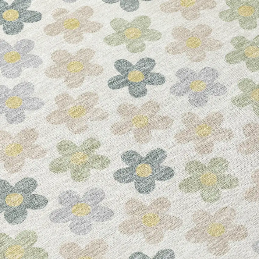 Ivory And Beige Floral Washable Indoor Outdoor Area Rug Photo 6