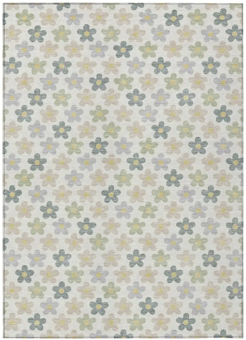 Ivory And Beige Floral Washable Indoor Outdoor Area Rug Photo 2