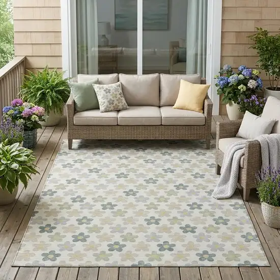 Ivory And Beige Floral Washable Indoor Outdoor Area Rug Photo 1