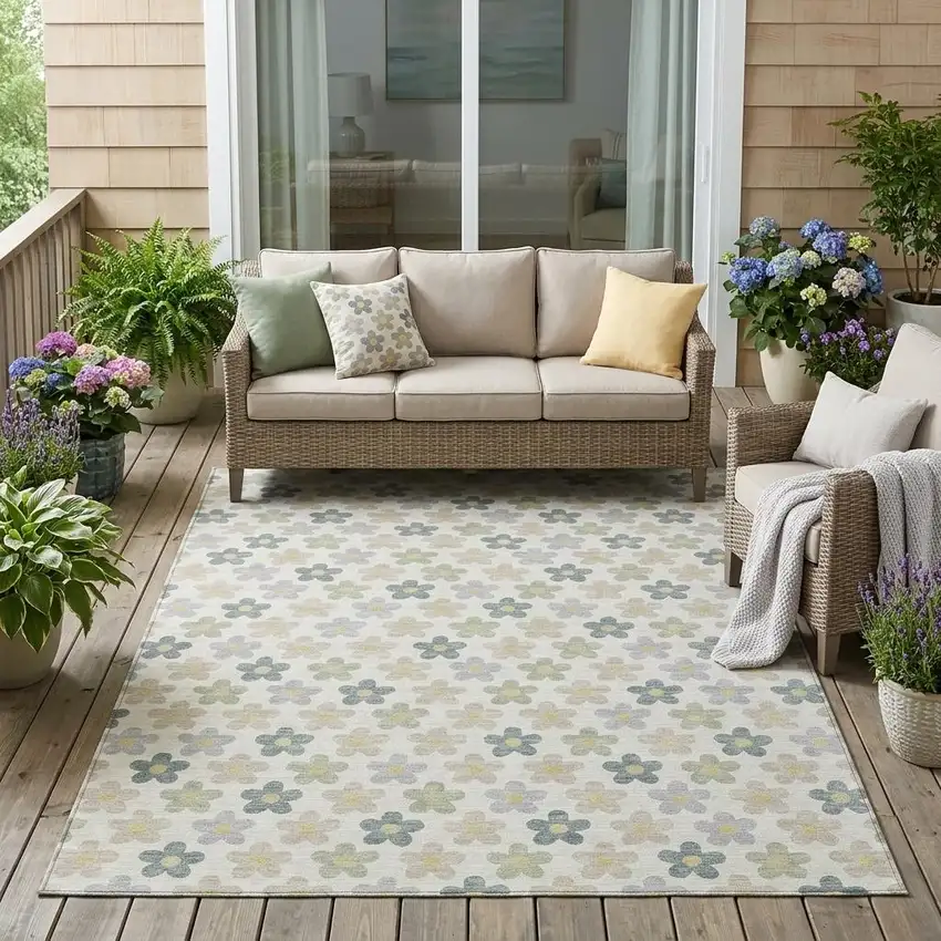 Ivory And Beige Floral Washable Indoor Outdoor Area Rug Photo 1