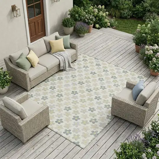Ivory And Beige Floral Washable Indoor Outdoor Area Rug Photo 1