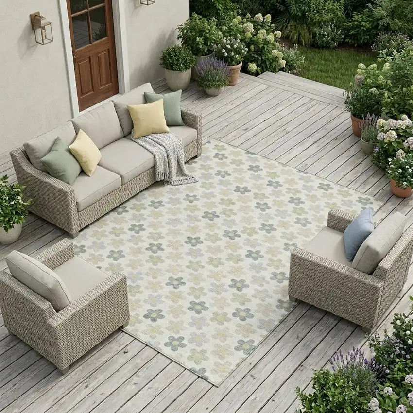 Ivory And Beige Floral Washable Indoor Outdoor Area Rug Photo 1