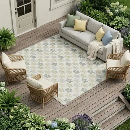 Ivory And Beige Floral Washable Indoor Outdoor Area Rug Photo 1