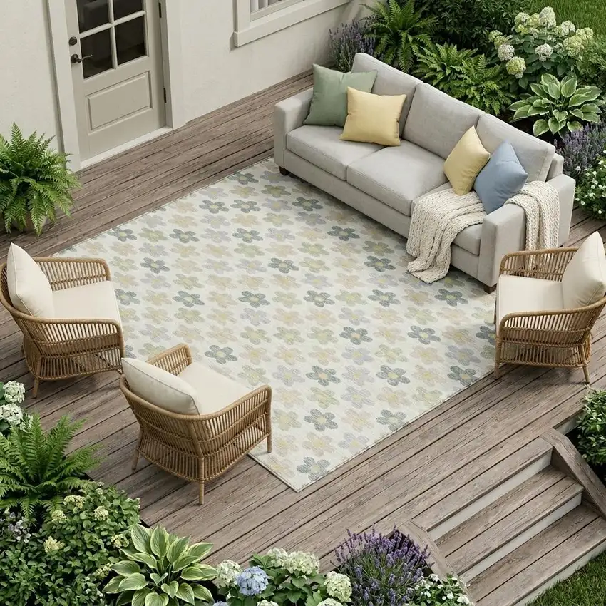 Ivory And Beige Floral Washable Indoor Outdoor Area Rug Photo 1