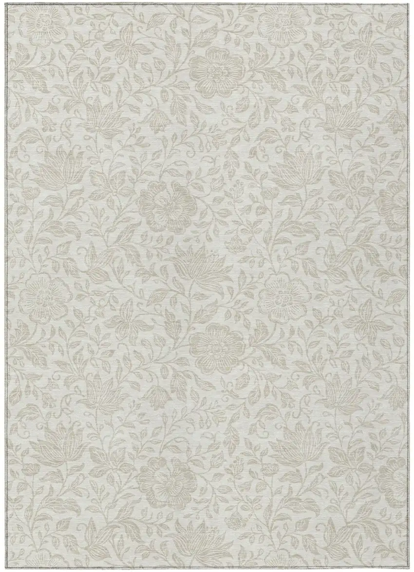 Ivory And Beige Floral Washable Indoor Outdoor Area Rug Photo 1