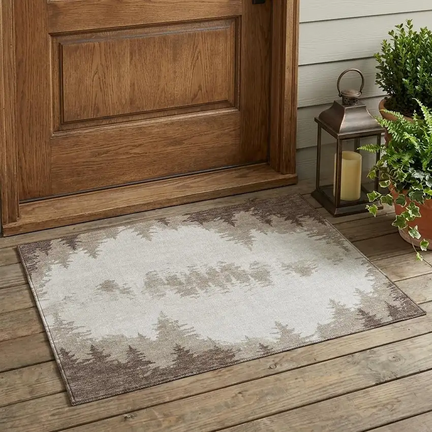 Ivory And Beige Floral Washable Indoor Outdoor Area Rug Photo 1