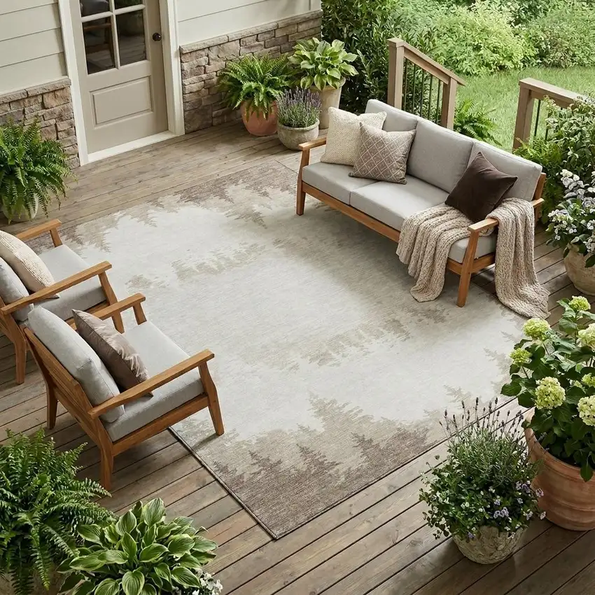 Ivory And Beige Floral Washable Indoor Outdoor Area Rug Photo 1