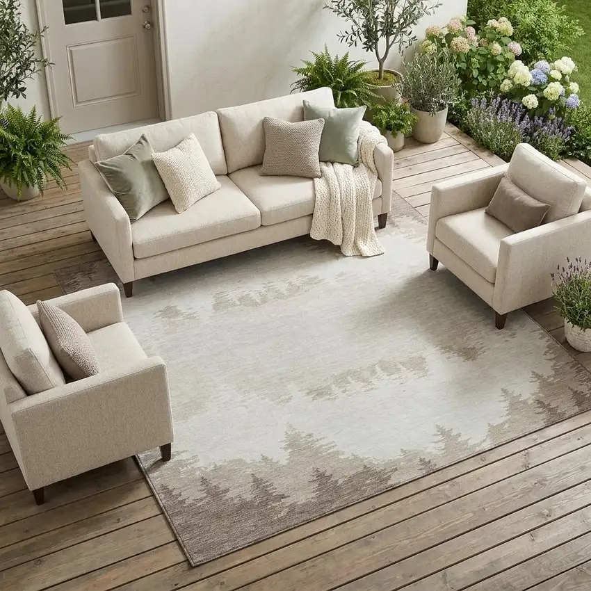 Ivory And Beige Floral Washable Indoor Outdoor Area Rug Photo 1