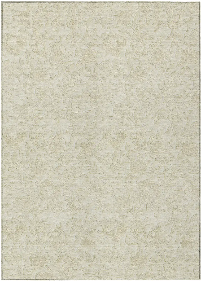 Ivory And Beige Floral Washable Indoor Outdoor Area Rug Photo 2