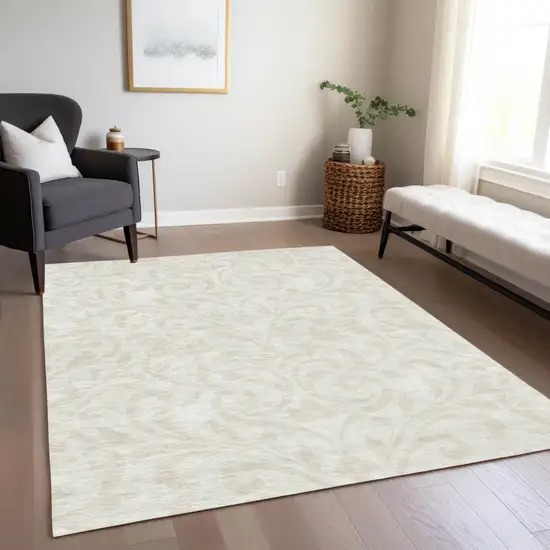 Ivory And Beige Floral Washable Indoor Outdoor Area Rug Photo 9