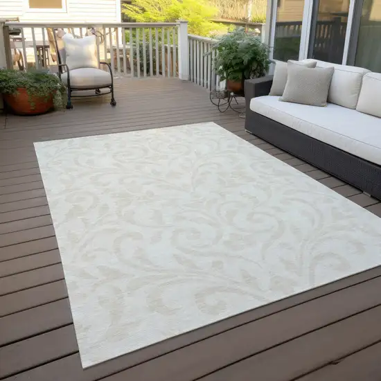 Ivory And Beige Floral Washable Indoor Outdoor Area Rug Photo 8