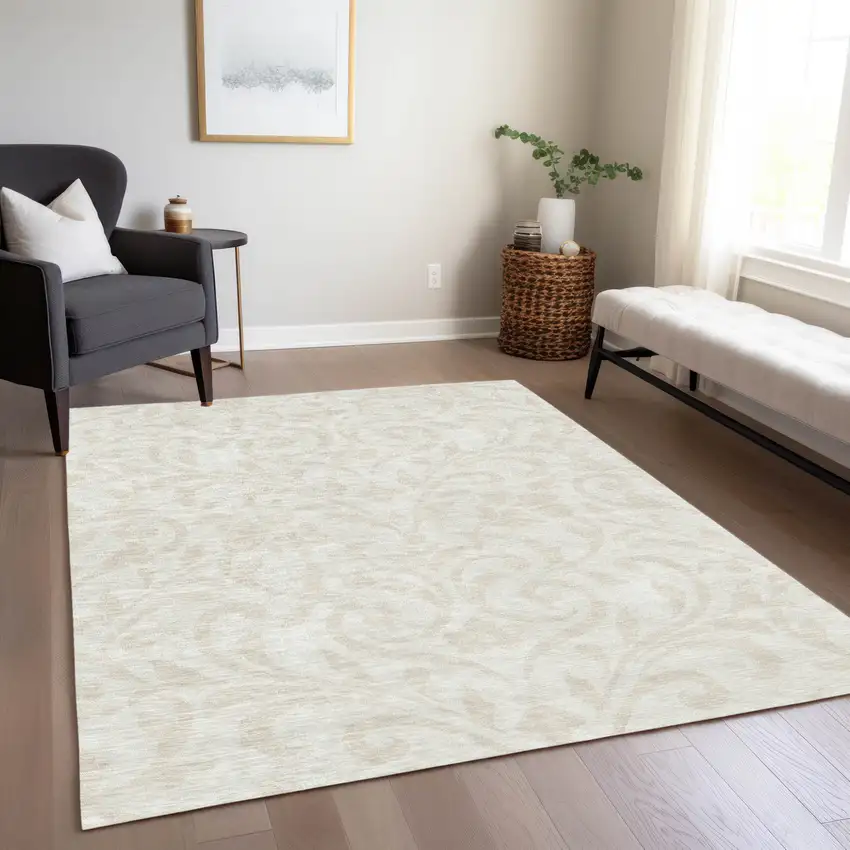 Ivory And Beige Floral Washable Indoor Outdoor Area Rug Photo 9
