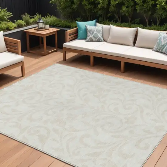 Ivory And Beige Floral Washable Indoor Outdoor Area Rug Photo 1