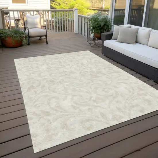 Ivory And Beige Floral Washable Indoor Outdoor Area Rug Photo 9