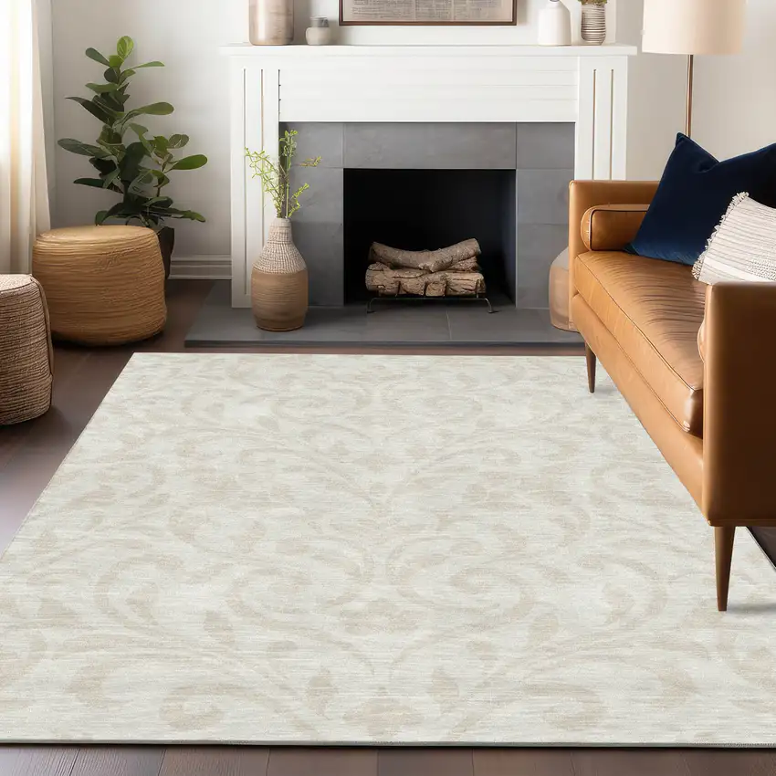 Ivory And Beige Floral Washable Indoor Outdoor Area Rug Photo 9