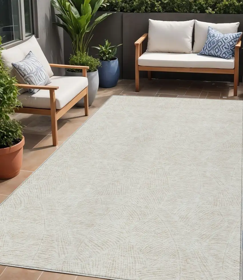 Ivory And Beige Floral Washable Indoor Outdoor Area Rug Photo 1
