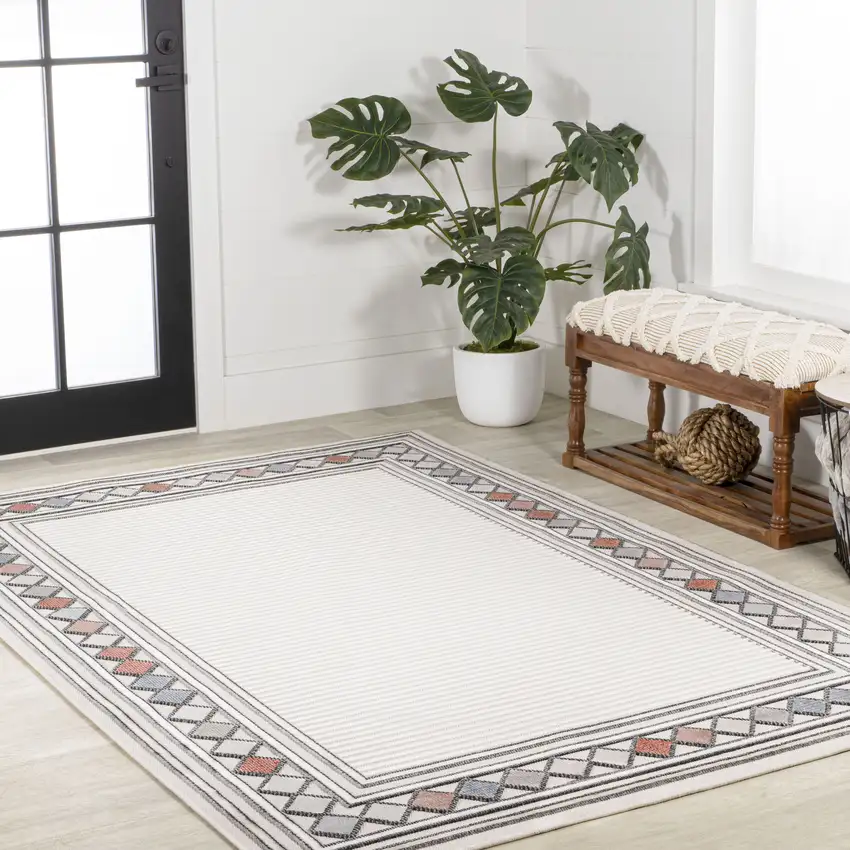 Ivory And Beige Geometric Indoor Outdoor Area Rug Photo 8