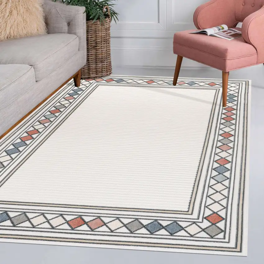 Ivory And Beige Geometric Indoor Outdoor Area Rug Photo 9