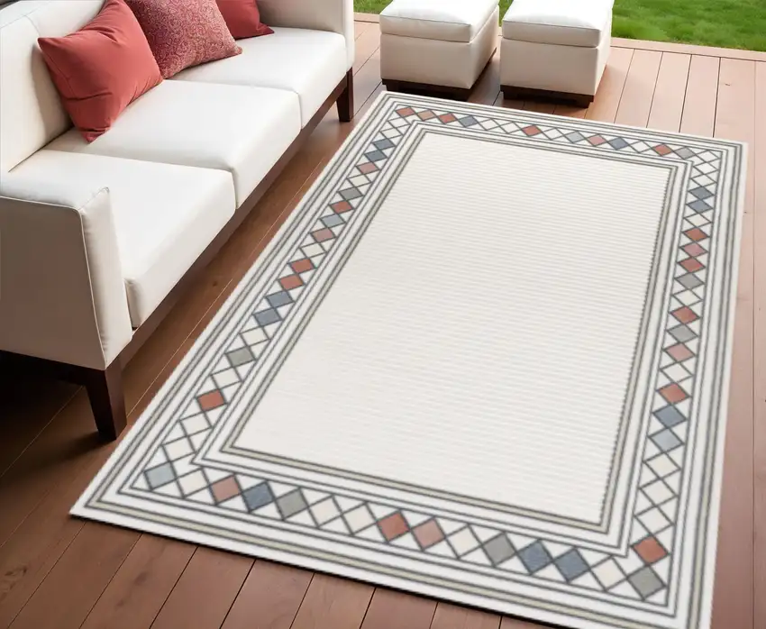 Ivory And Beige Geometric Indoor Outdoor Area Rug Photo 1