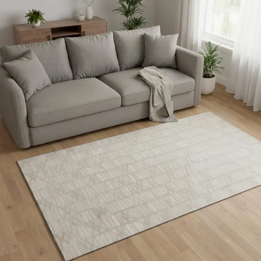 Ivory And Beige Geometric Washable Area Rug With UV Protection Photo 3