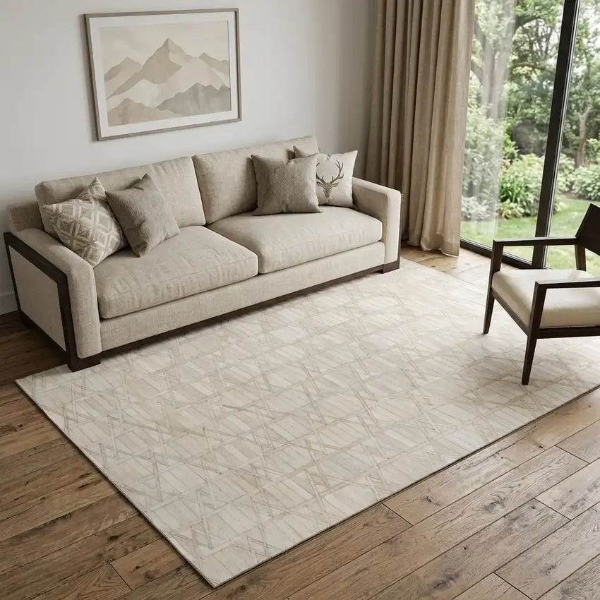 Ivory And Beige Geometric Washable Area Rug With UV Protection Photo 1