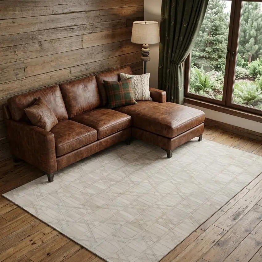 Ivory And Beige Geometric Washable Area Rug With UV Protection Photo 1