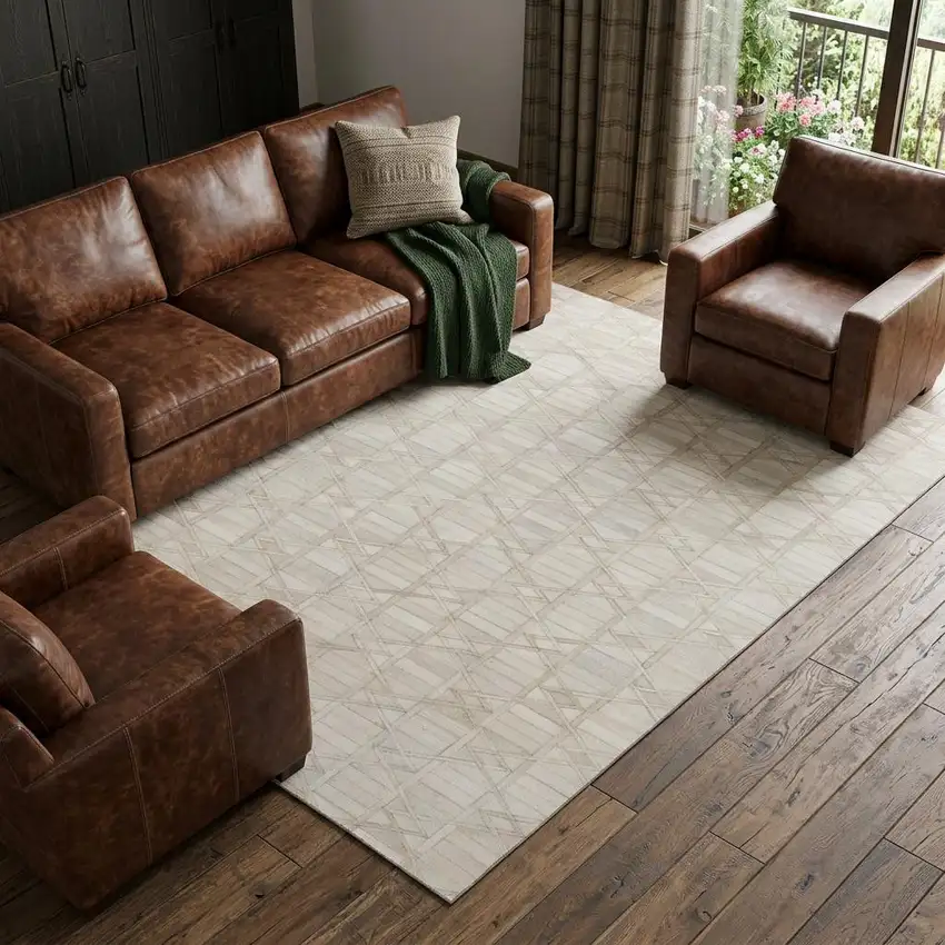 Ivory And Beige Geometric Washable Area Rug With UV Protection Photo 1