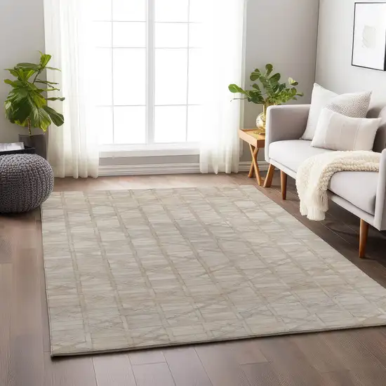 Ivory And Beige Geometric Washable Area Rug With UV Protection Photo 5