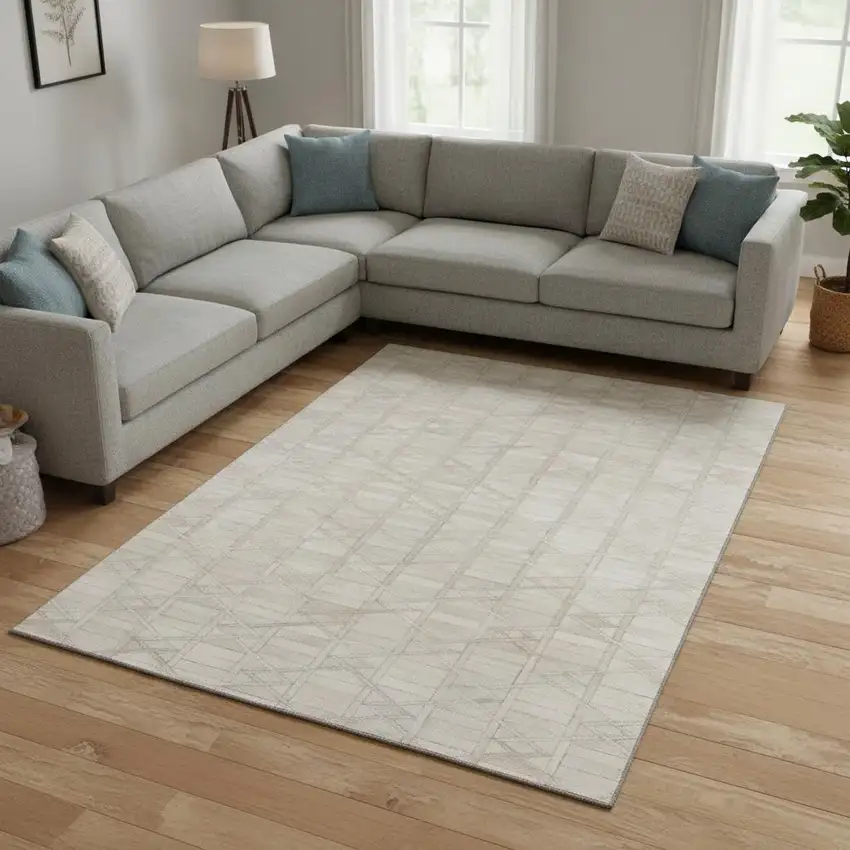 Ivory And Beige Geometric Washable Area Rug With UV Protection Photo 1