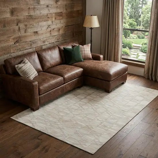 Ivory And Beige Geometric Washable Area Rug With UV Protection Photo 1