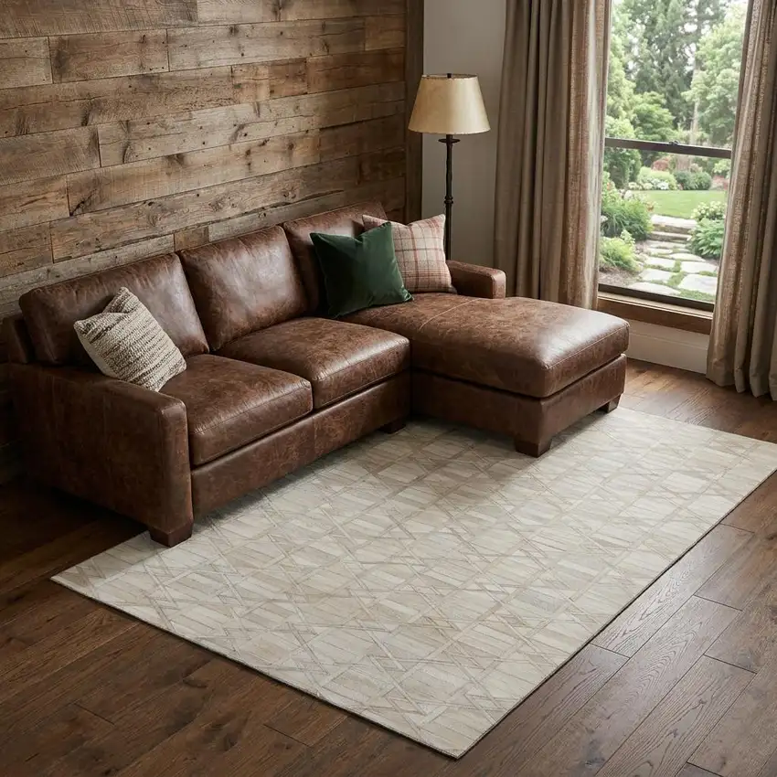 Ivory And Beige Geometric Washable Area Rug With UV Protection Photo 1