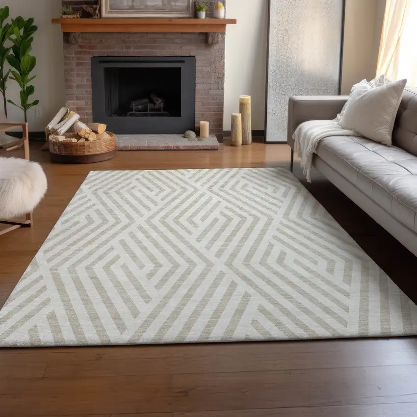 Ivory And Beige Geometric Washable Area Rug With UV Protection Photo 6