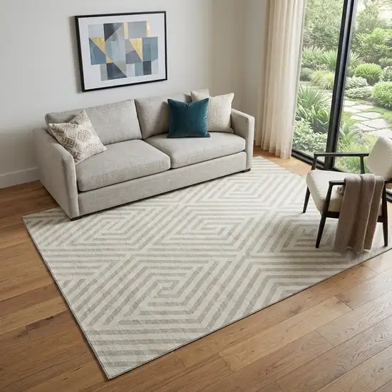 Ivory And Beige Geometric Washable Area Rug With UV Protection Photo 1