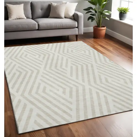 Ivory And Beige Geometric Washable Area Rug With UV Protection Photo 2