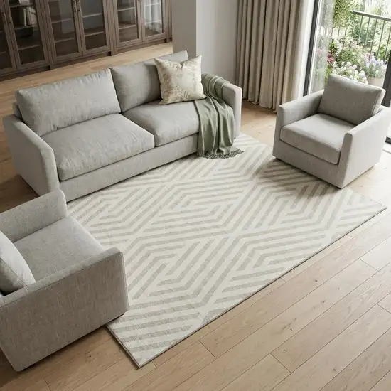 Ivory And Beige Geometric Washable Area Rug With UV Protection Photo 1
