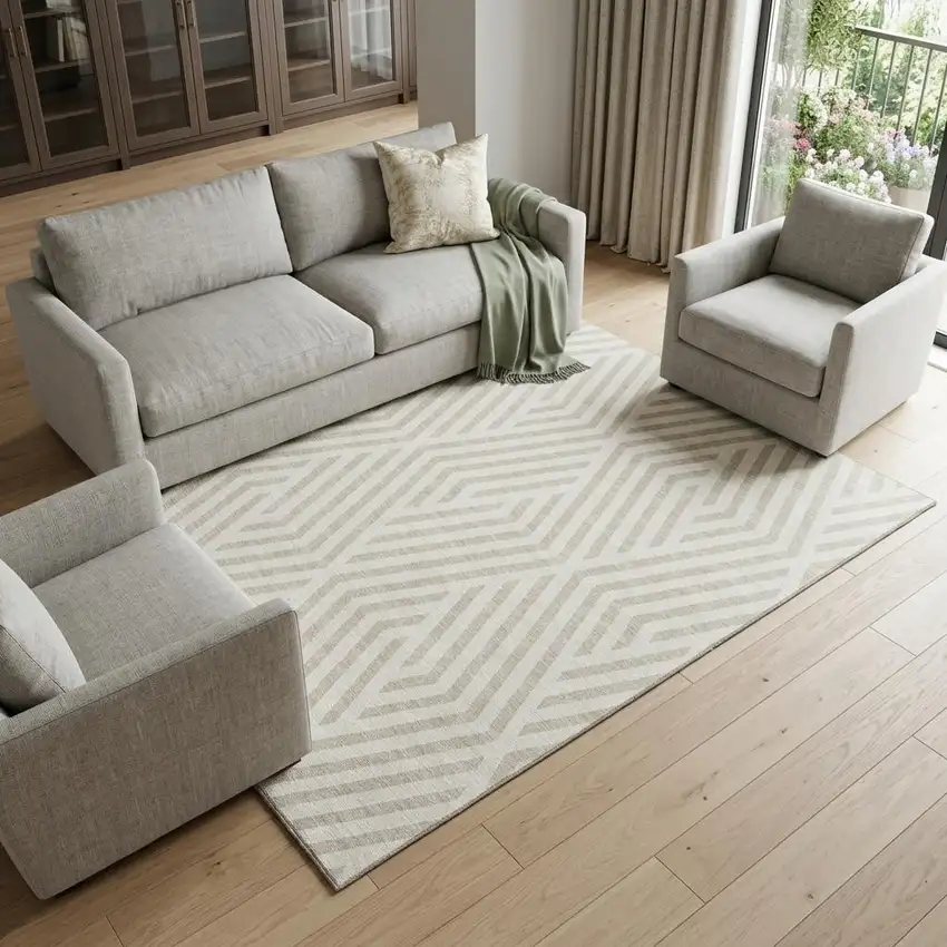 Ivory And Beige Geometric Washable Area Rug With UV Protection Photo 1