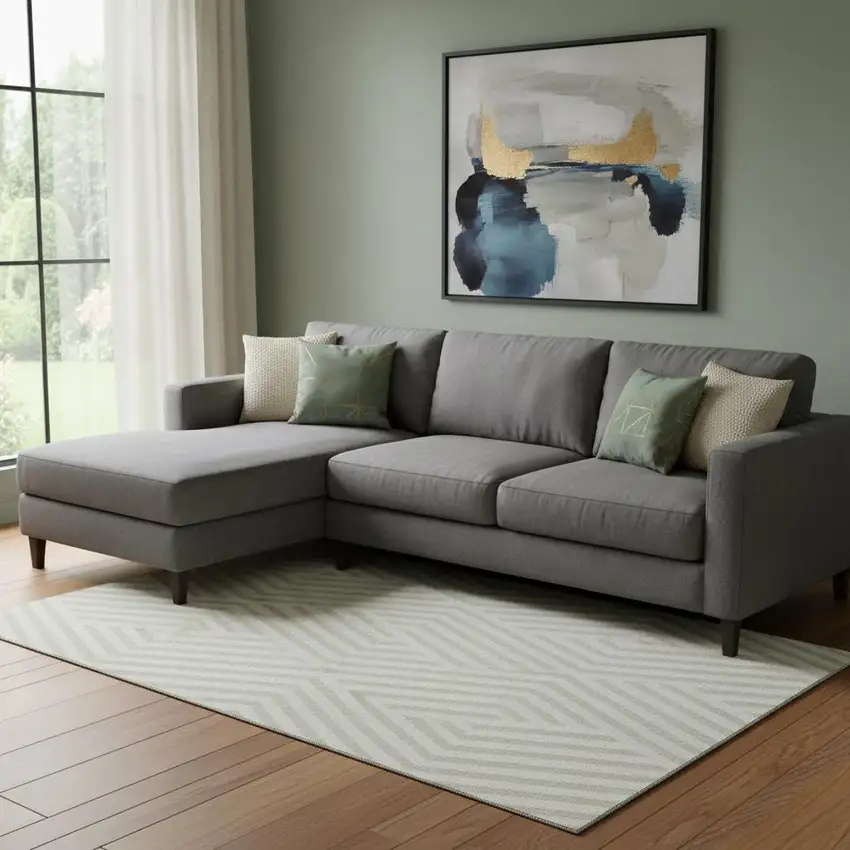 Ivory And Beige Geometric Washable Area Rug With UV Protection Photo 1