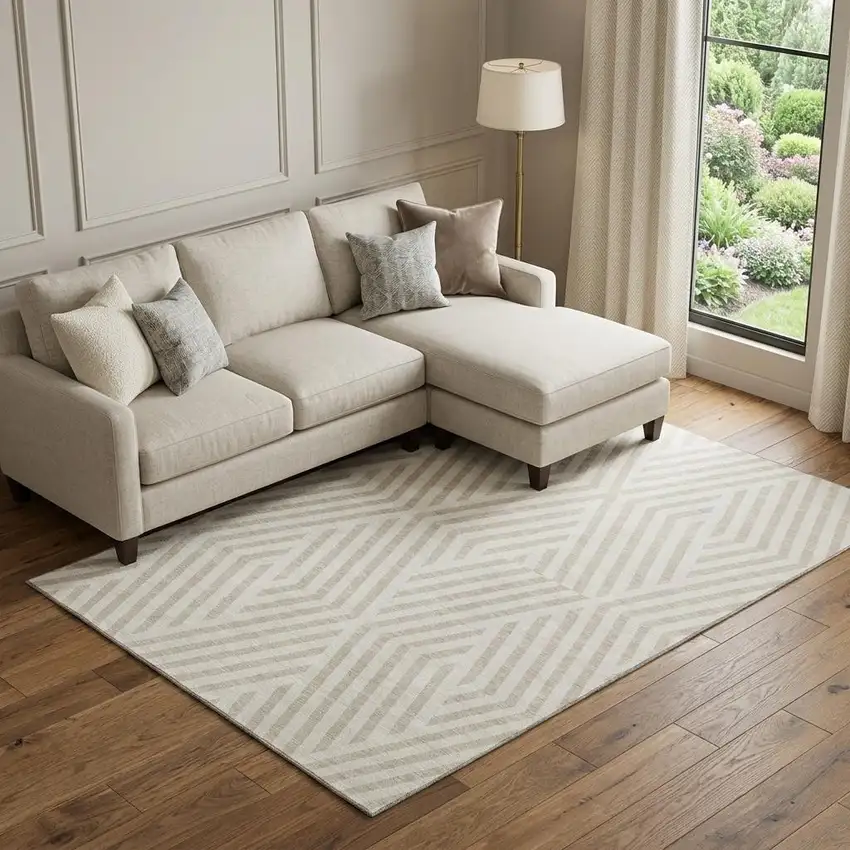 Ivory And Beige Geometric Washable Area Rug With UV Protection Photo 1