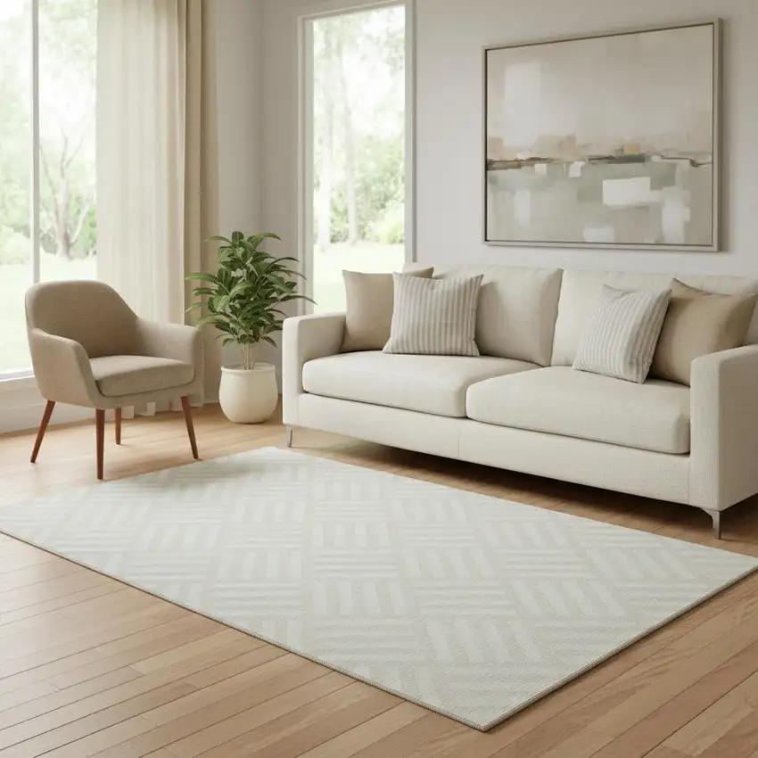 Ivory And Beige Geometric Washable Area Rug With UV Protection Photo 1