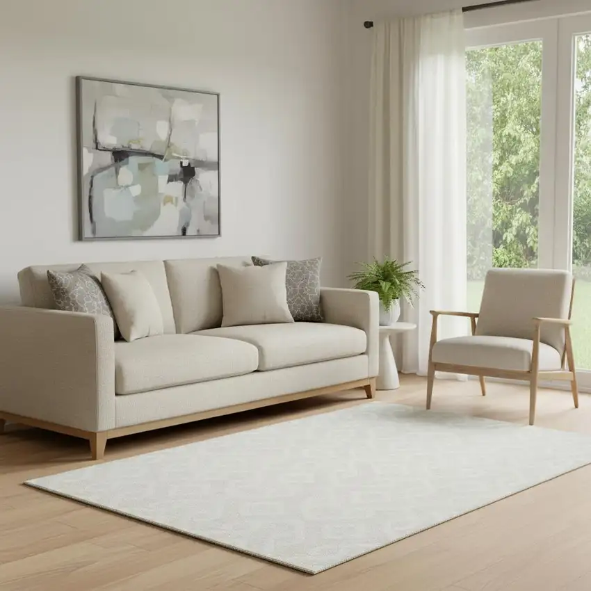 Ivory And Beige Geometric Washable Area Rug With UV Protection Photo 1