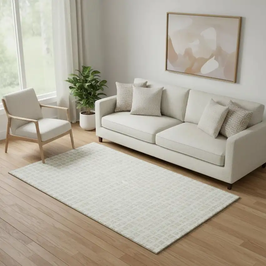 Ivory And Beige Geometric Washable Area Rug With UV Protection Photo 1